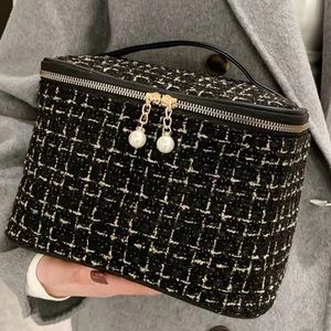 Faux Pearl Detail Makeup Bag Zipper Top Handle Plaid Pattern